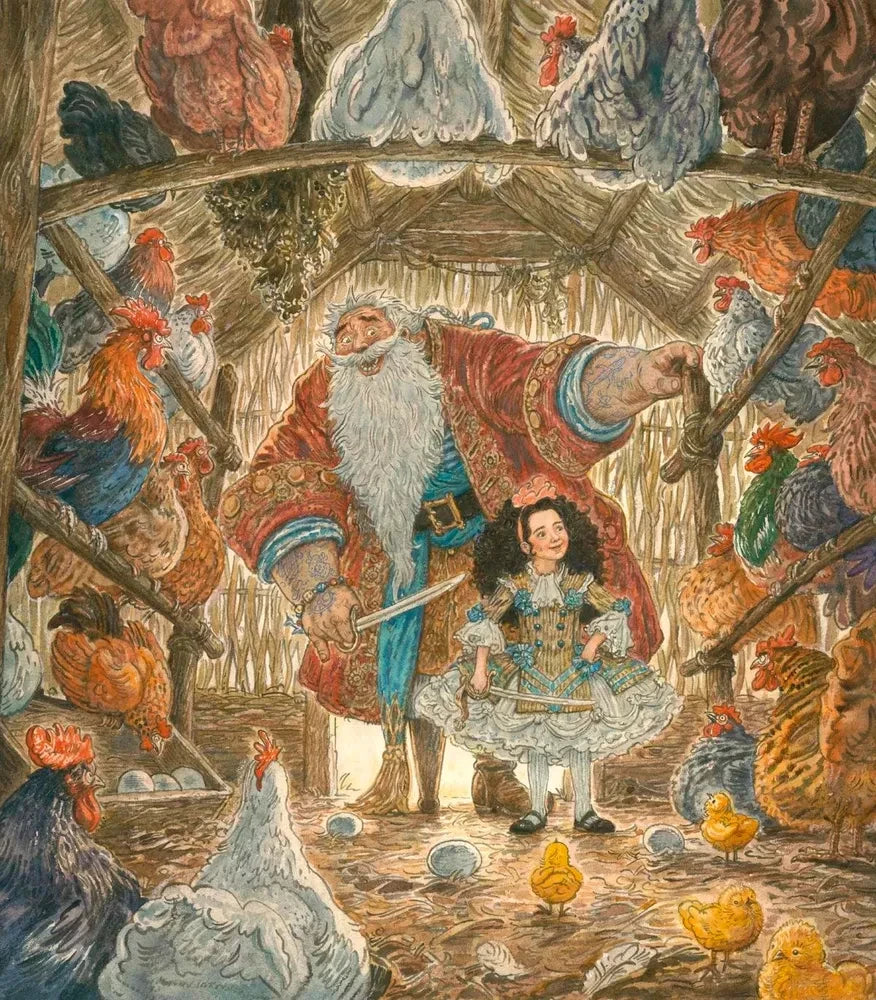 Иллюстрация: дед-пират и девочка в курятнике.