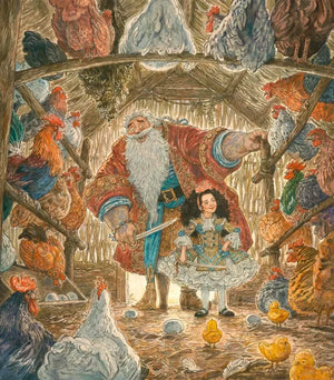 Иллюстрация: дед-пират и девочка в курятнике.