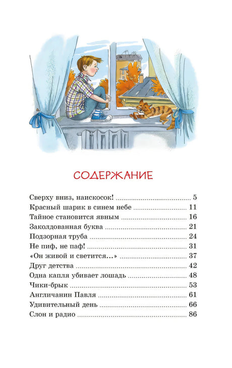Страница содержания с мальчиком на подоконнике и котом