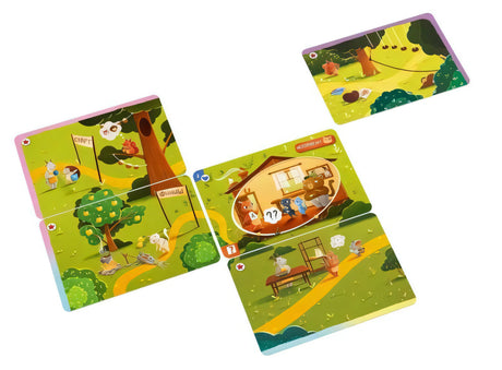 Карточки-локации игры разложены на белом фоне: игровые сцены с лесом, домиком, персонажами.