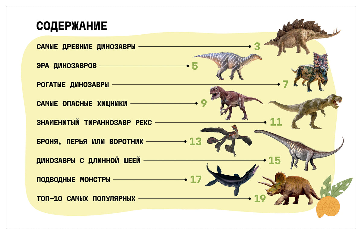 Страница «Содержание» с разделами книги и изображениями динозавров