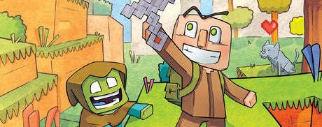 Иллюстрация из книги: два персонажа Minecraft на зелёной поляне с киркой, кот на заднем плане