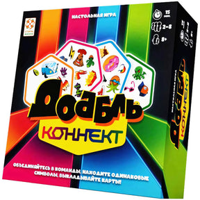 Коробка настольной игры Доббль Коннект (русская версия, издатель Стиль жизни) под углом, для 2–8 игроков, 8+