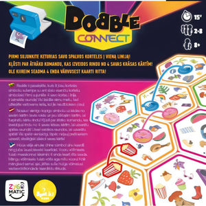 Задняя сторона коробки Dobble Connect (балтийская версия) с правилами игры и разложенными картами