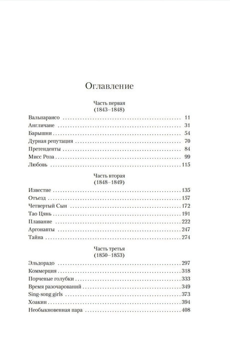 Страница оглавления с тремя частями романа и названиями глав