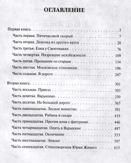 Страница оглавления романа «Доктор Живаго».
