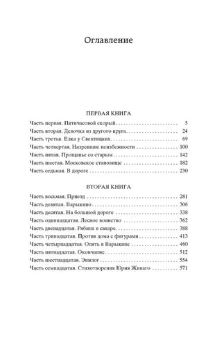 Страница оглавления романа «Доктор Живаго» с перечнем частей и страниц.