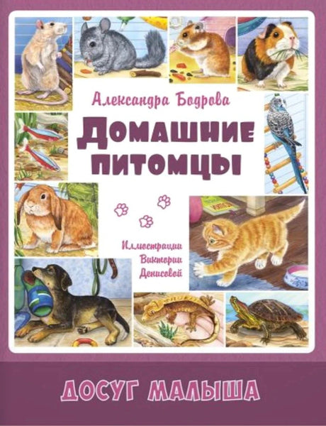 Обложка книги «Домашние питомцы» с рисунками котёнка, щенка, попугая и других питомцев