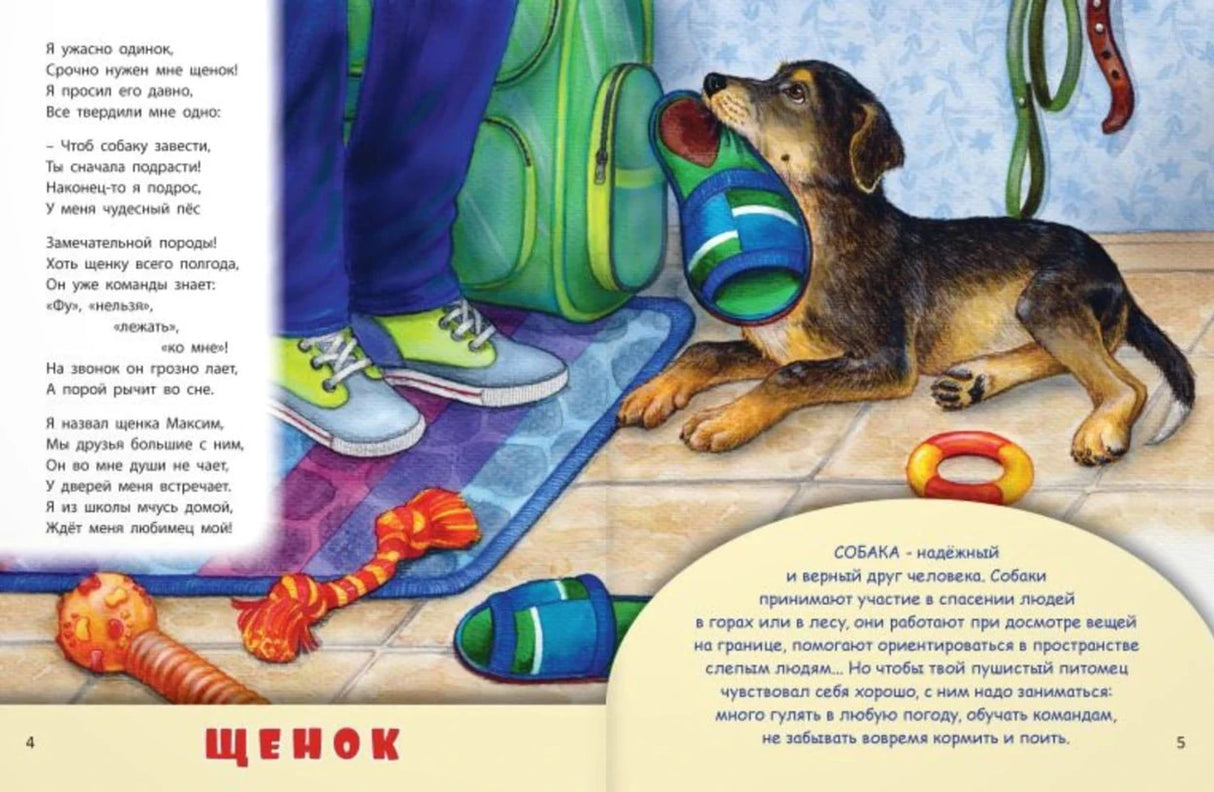 Разворот: стих о щенке, щенок лежит с тапком и игрушками