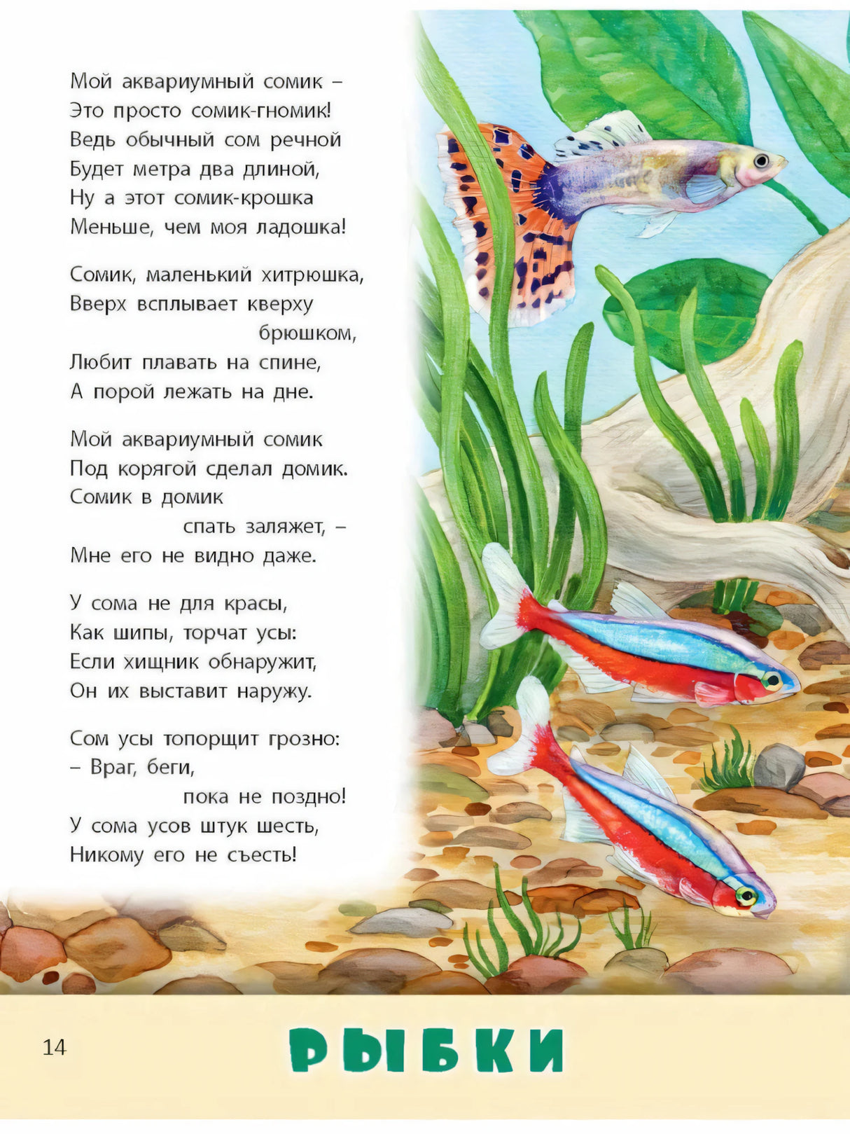 Страница «Рыбки» со стихом и рисунками аквариумных рыб
