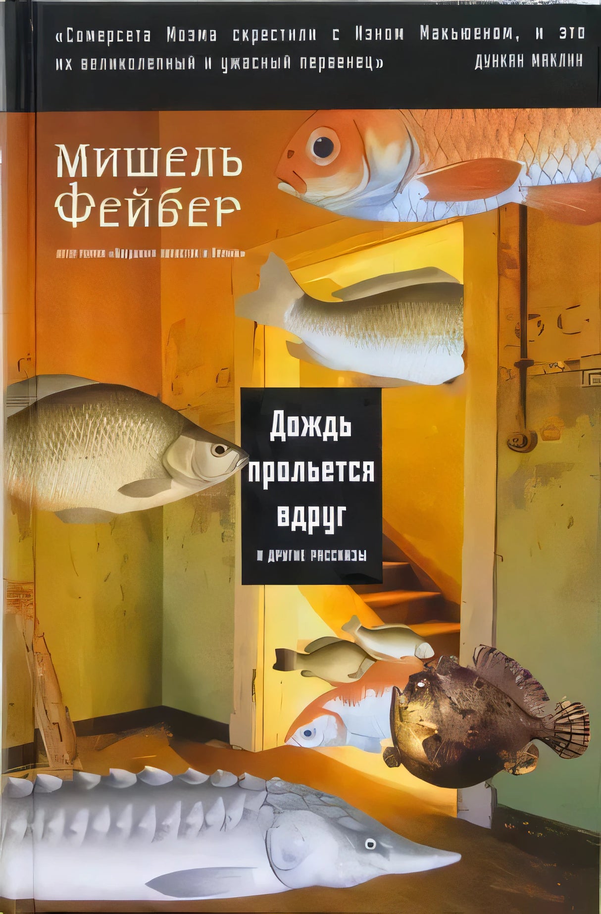 Обложка книги «Дождь прольется вдруг и другие рассказы» Мишеля Фейбера с рыбами в комнате