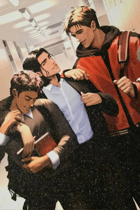 Иллюстрация с тремя героями книги в школьном коридоре