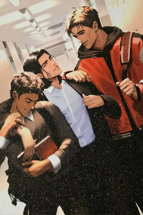 Иллюстрация с тремя героями книги в школьном коридоре