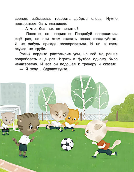 Котята играют в футбол на зелёном поле