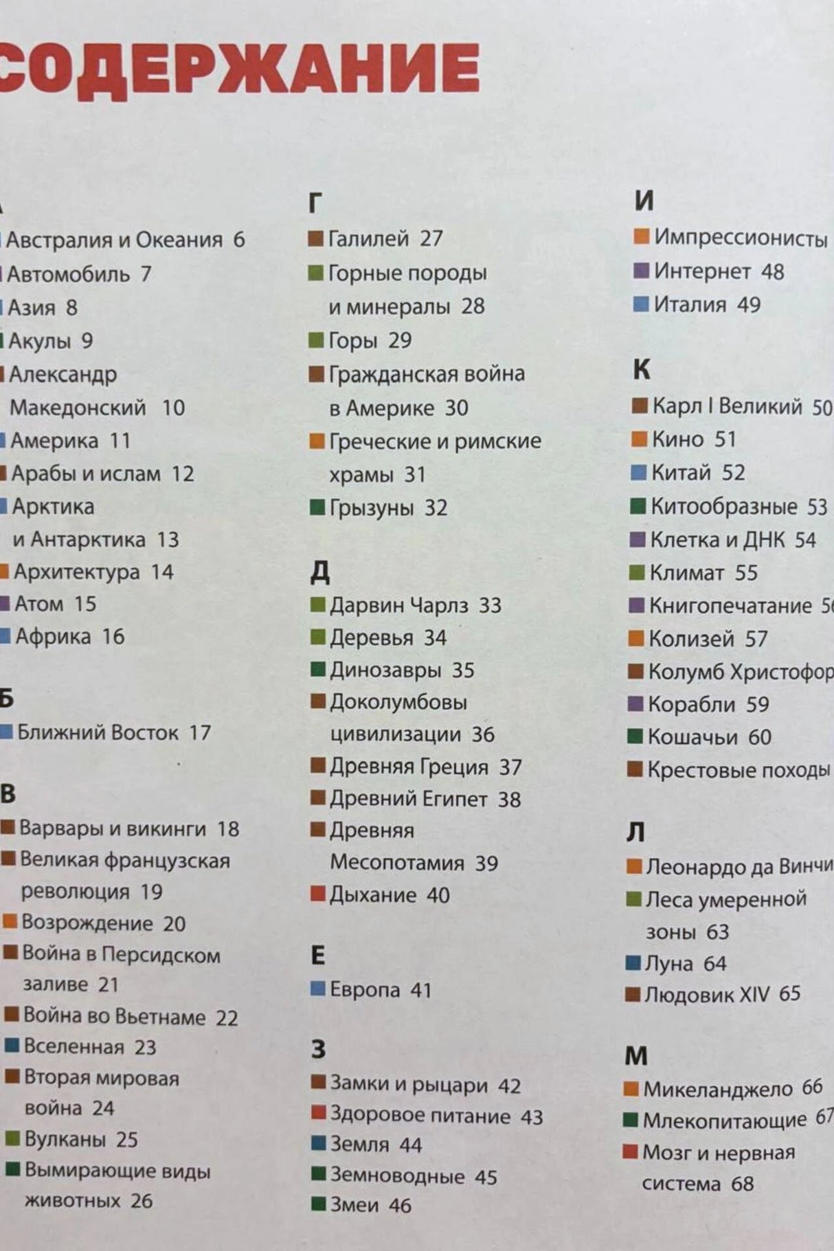 Первая страница содержания с алфавитным списком тем энциклопедии от А до М.