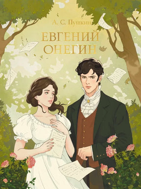 Обложка книги А. С. Пушкина «Евгений Онегин» с Татьяной и Онегиным среди роз