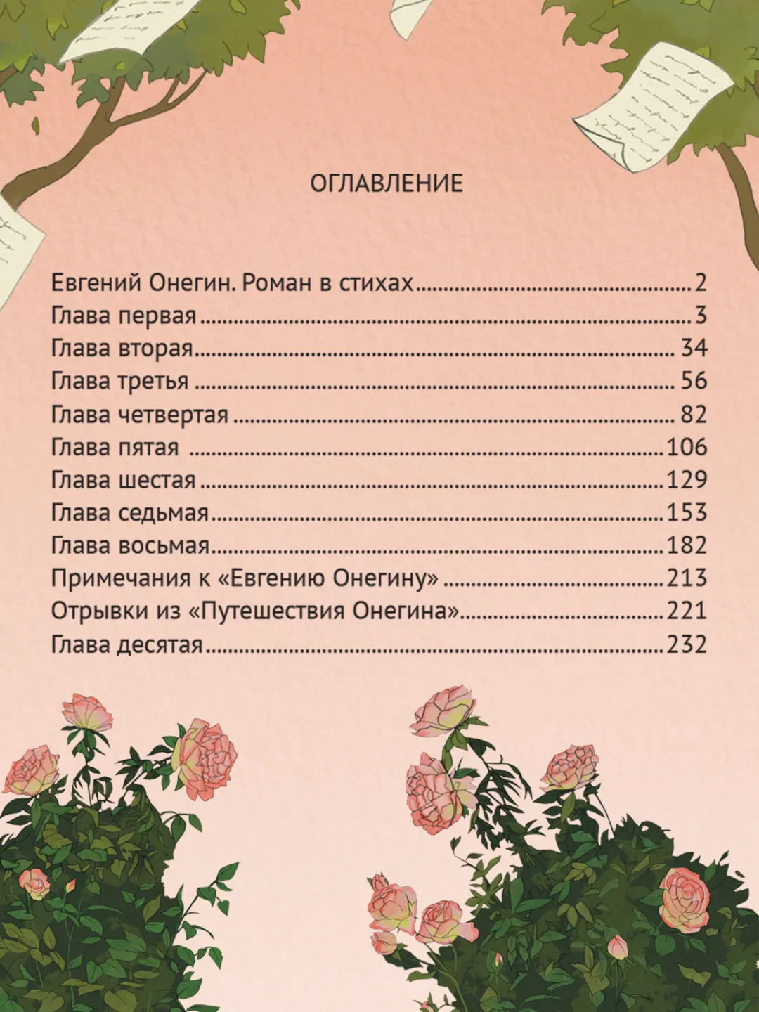 Страница оглавления романа «Евгений Онегин» с главами и номерами страниц