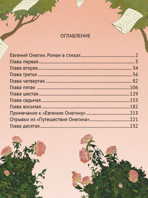 Страница оглавления романа «Евгений Онегин» с главами и номерами страниц