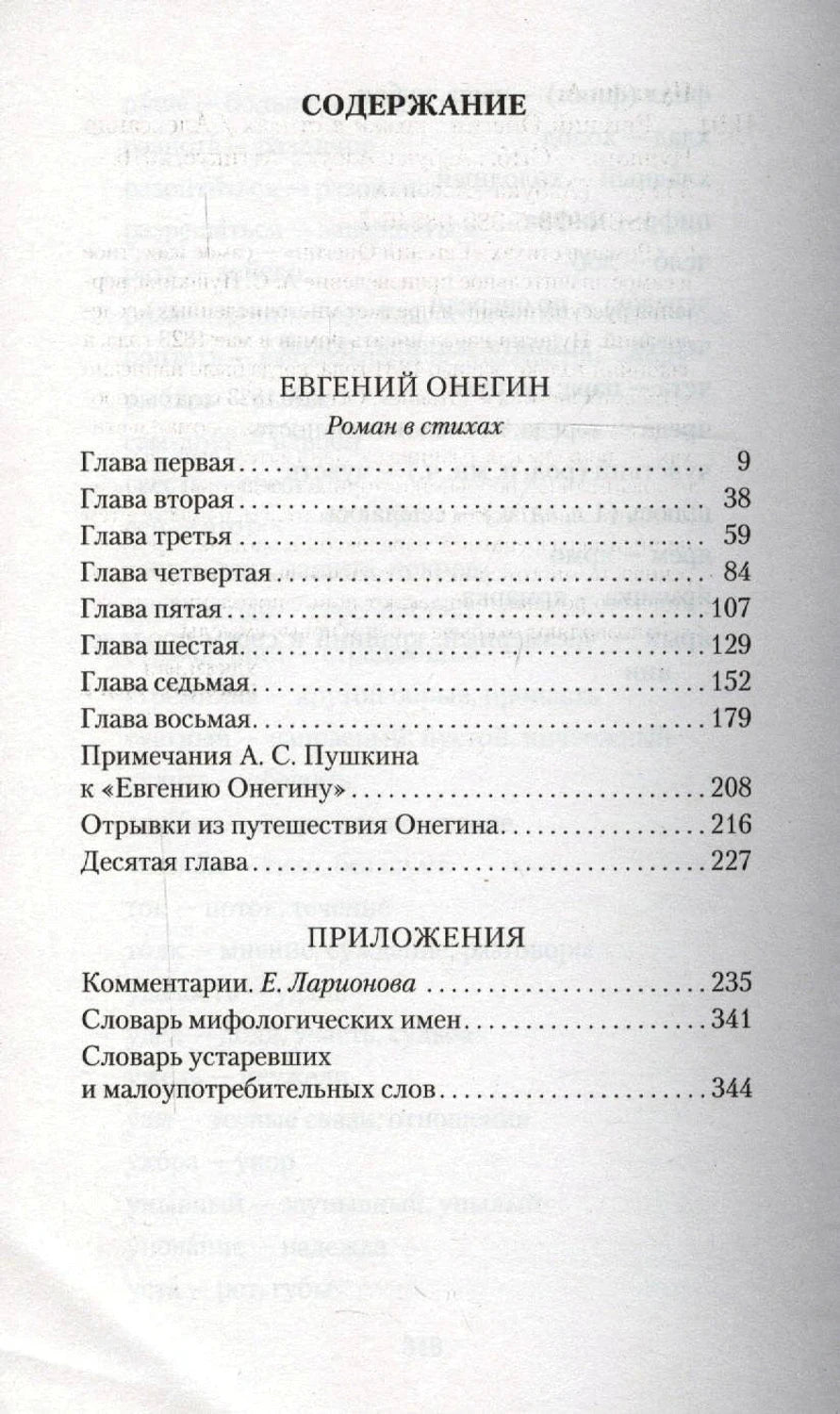 Страница содержания с перечнем глав романа «Евгений Онегин» и приложений
