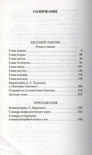 Страница содержания с перечнем глав романа «Евгений Онегин» и приложений