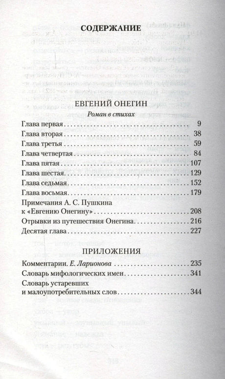 Страница содержания с перечнем глав романа «Евгений Онегин» и приложений