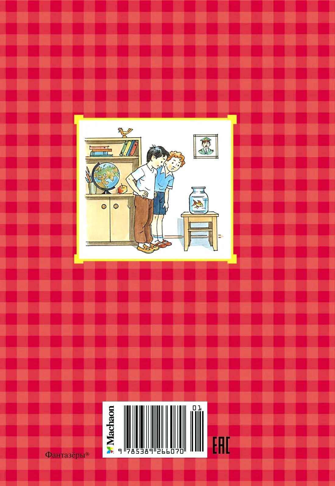 Задняя обложка книги в красную клетку с иллюстрацией мальчиков и аквариума