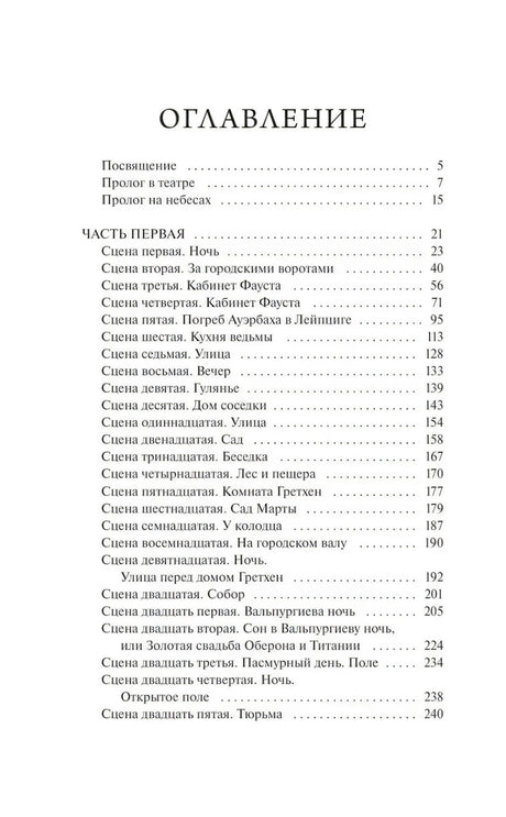 Первая страница оглавления «Фауста» со списком сцен первой части
