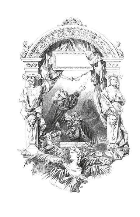 Чёрно-белая книжная иллюстрация со сценой под декоративной аркой