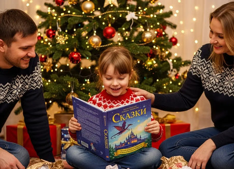 Семья читает новогоднюю книгу