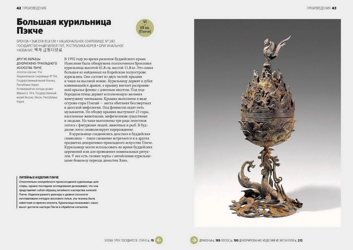 Разворот страниц 42–43 о большой курильнице Пэкче
