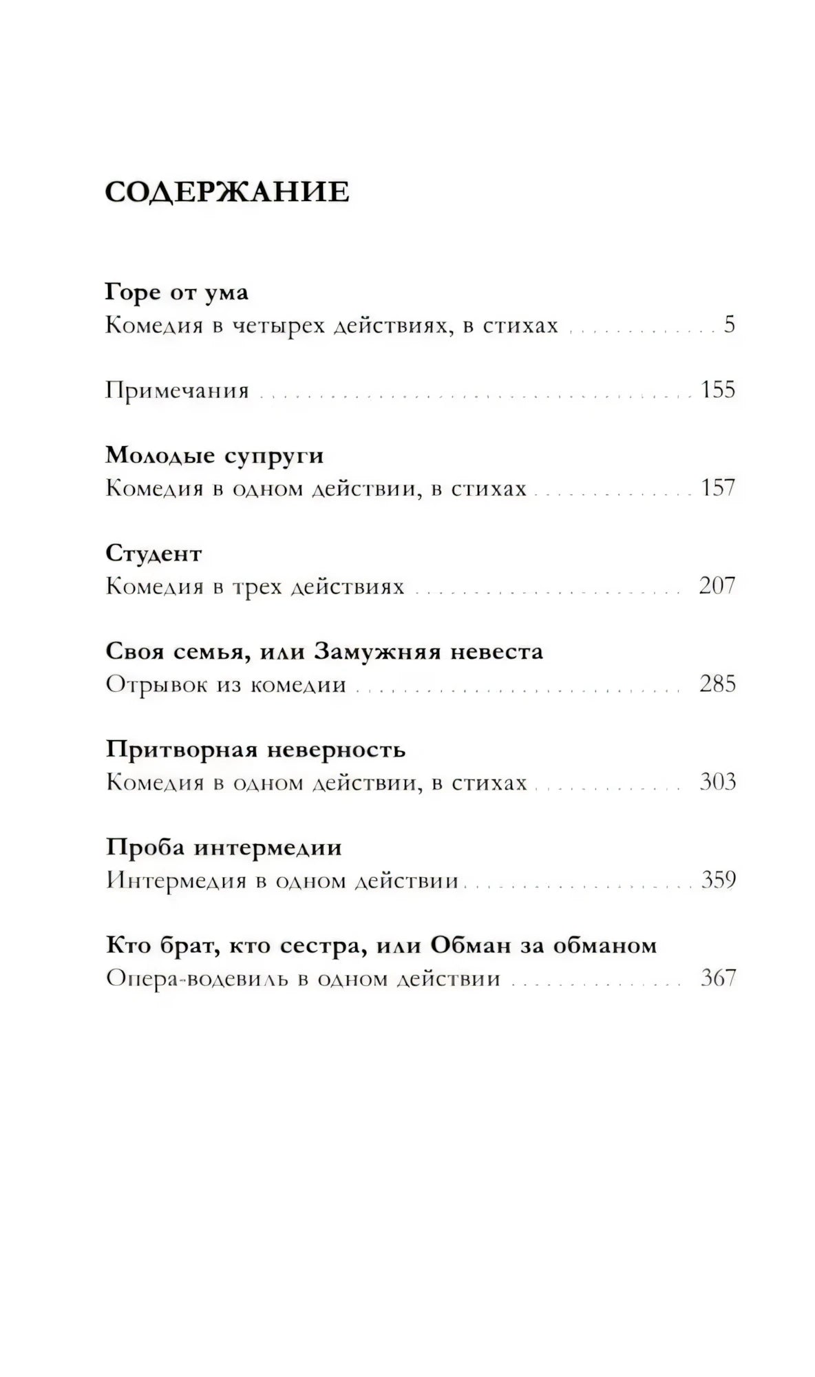 Страница содержания со списком пьес и номерами страниц