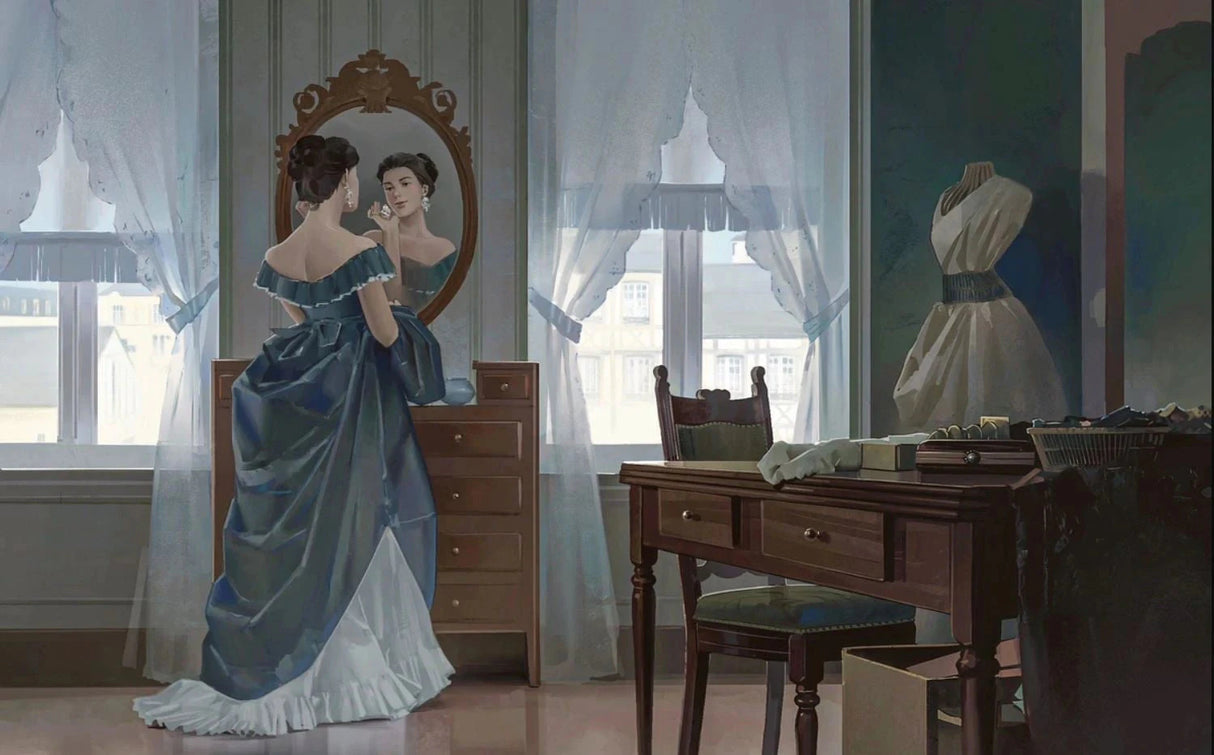 Иллюстрация: женщина в синем платье смотрится в зеркало у окна