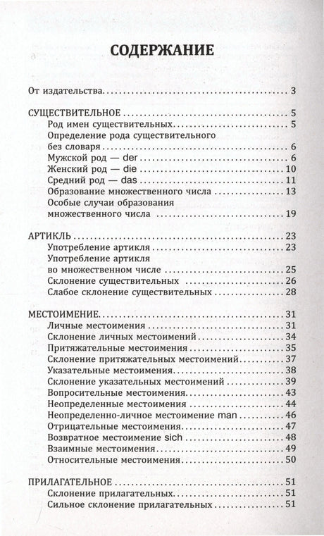 Первая страница содержания с существительными, артиклями и местоимениями