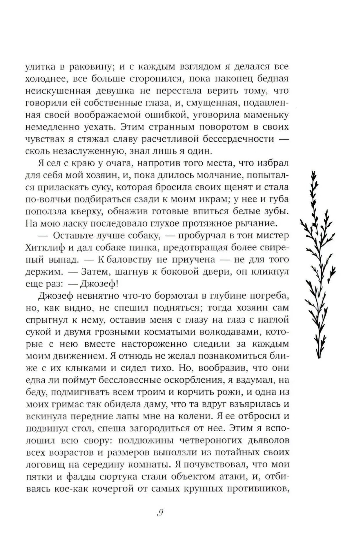 Страница 9 с текстом романа и декоративной веточкой справа.