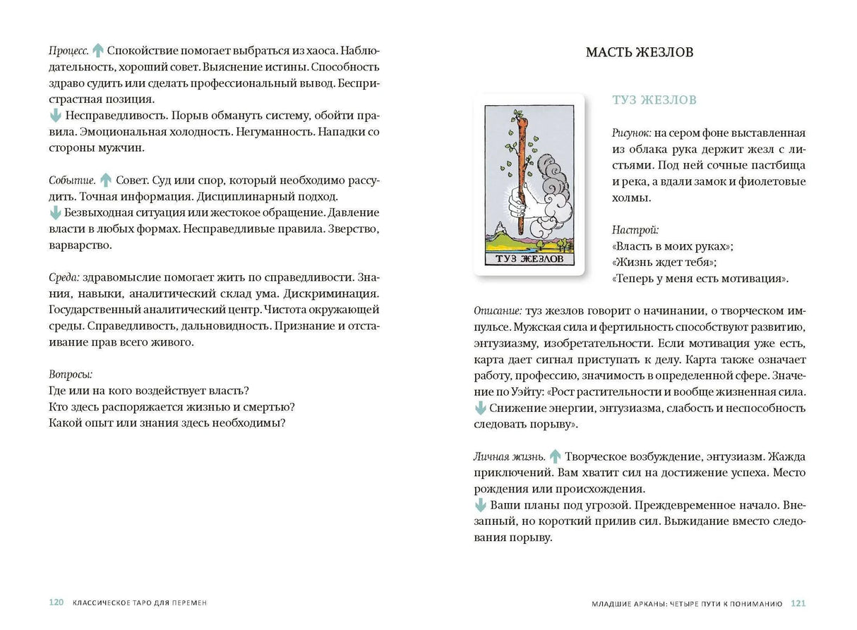 Разворот страниц 120–121 с описанием туза жезлов