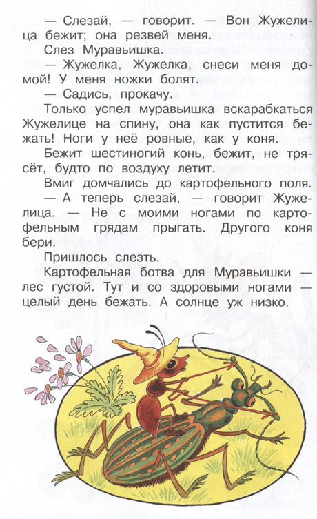 Страница сказки с текстом о жужелице и рисунком муравья на жуке