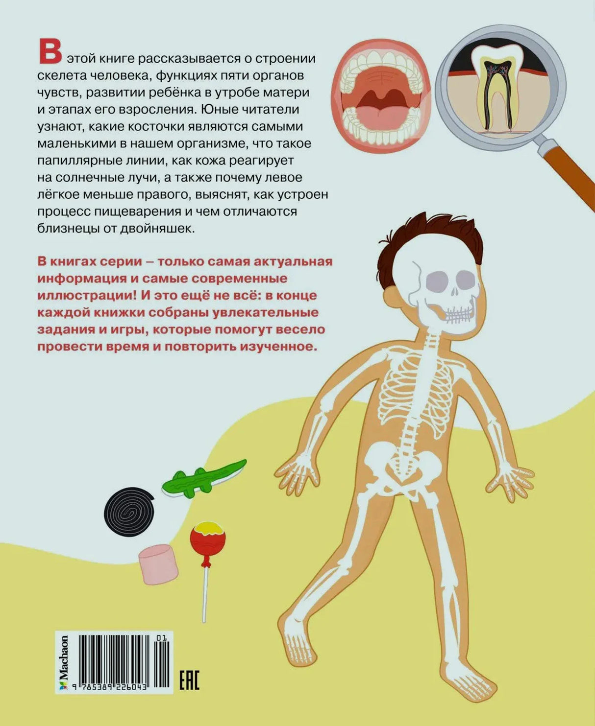 Задняя обложка с аннотацией, рисунком скелета ребёнка и штрихкодом