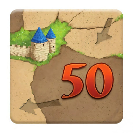 Жетон «50» из Каркассона — иллюстрация замка с синими башнями на потрескавшейся земле