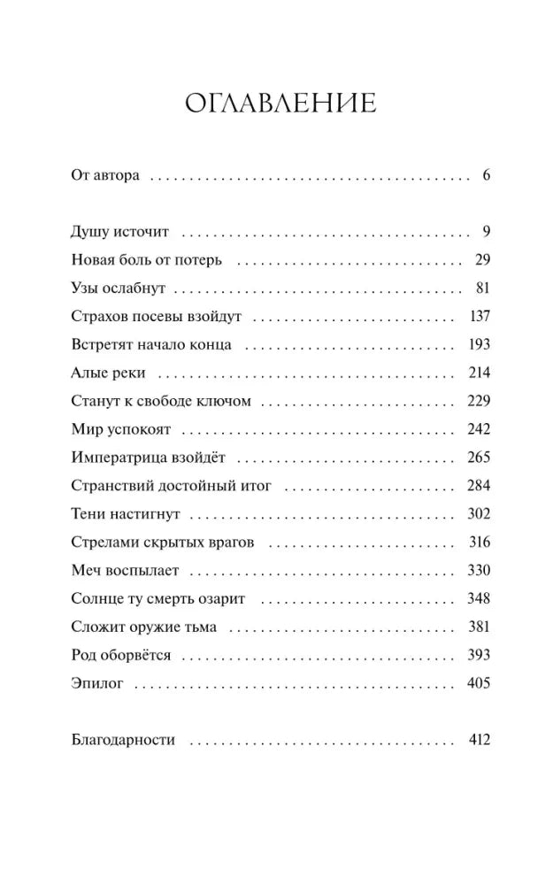 Страница оглавления с названиями глав и номерами страниц