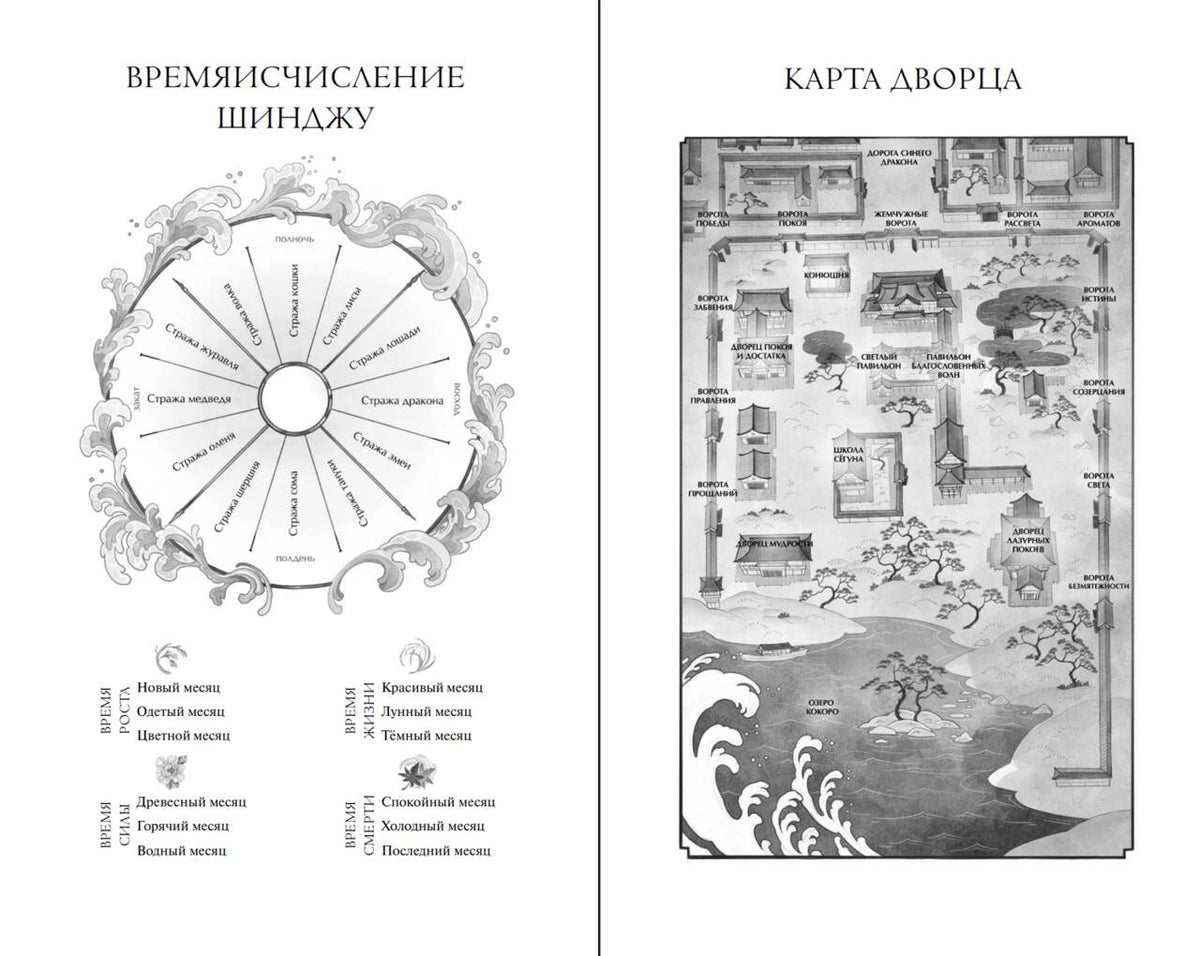 Разворот со схемой летоисчисления Шинджу и картой дворца.
