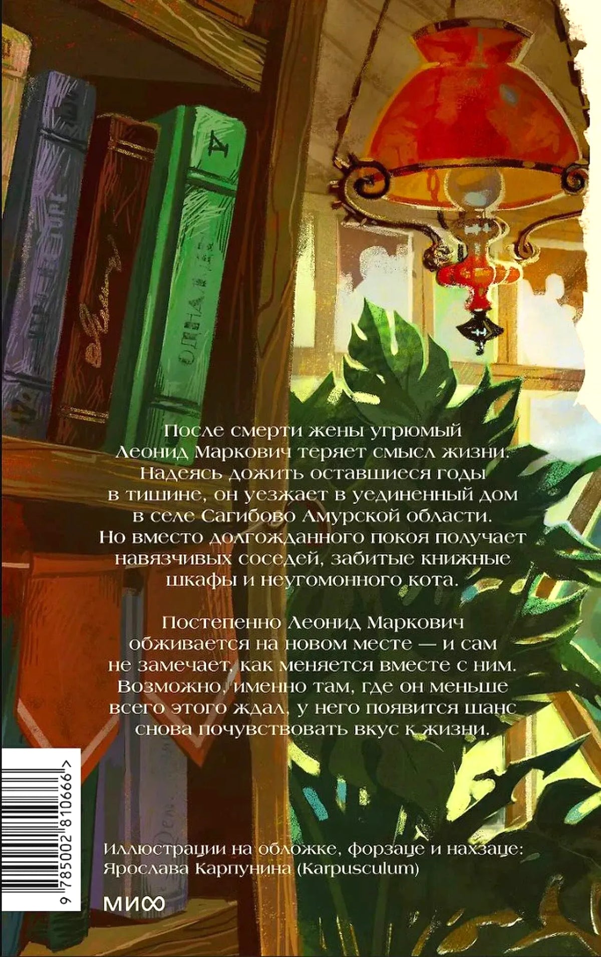 Задняя обложка с аннотацией, книгами, растениями и красной лампой