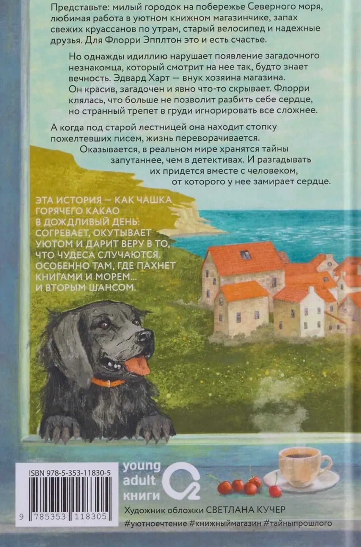 Задняя обложка с аннотацией, городком и собакой у окна.