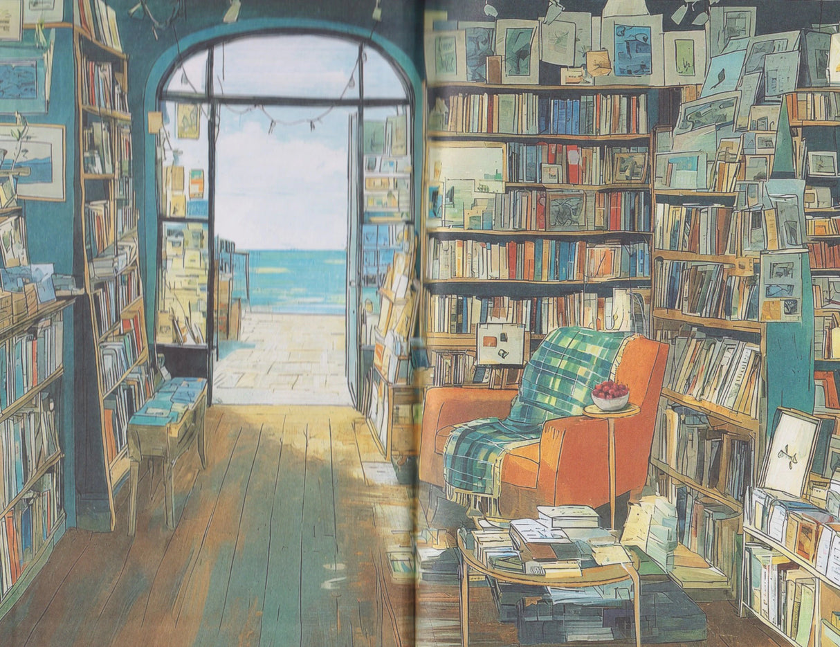 Иллюстрированный разворот книжного магазина с креслом и видом на море.