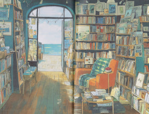 Иллюстрированный разворот книжного магазина с креслом и видом на море.