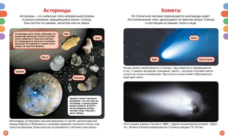 Разворот стр. 36–37: «Астероиды» и «Кометы» — фото небесных тел с подписями, снимок кометы Галлея.