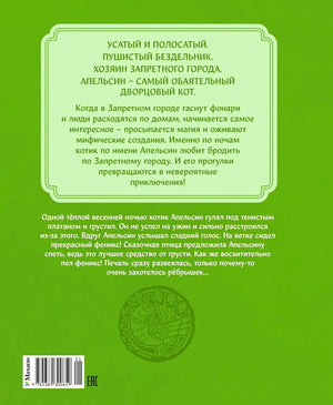 Зелёная задняя обложка с аннотацией к книге о коте Апельсине
