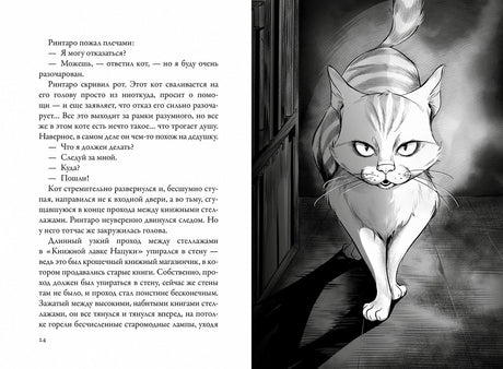 Разворот с текстом и иллюстрацией кота в книжном проходе