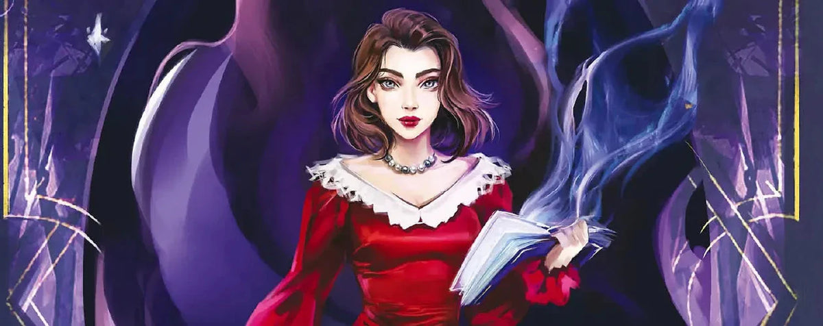 Цветная иллюстрация: девушка в красном платье с книгой