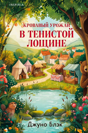 Лицевая обложка книги «Кровавый урожай в Тенистой Лощине» с лесным прудом и ярмаркой.