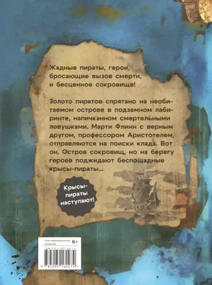 Задняя обложка с аннотацией о поисках сокровищ и штрихкодом.